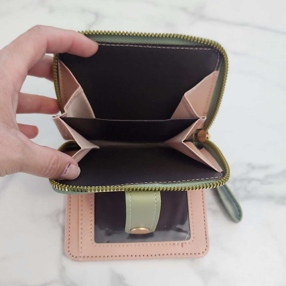 Whimsical Cat Print Mini Wallet Green & White PU Leather • Wristlet Card Hol - Picture 10 of 15